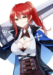 Rule 34 | 1girl, absurdres, black jacket, breasts, cleavage, cleavage cutout, closed mouth, clothing cutout, highres, holding, holding sword, holding weapon, honkai (series), honkai impact 3rd, jacket, large breasts, long hair, long sleeves, looking at viewer, mole, mole on breast, murata himeko, murata himeko (arctic kriegsmesser), ponytail, red hair, simple background, smile, solo, sword, upper body, weapon, white background, yellow eyes, yukki 0125