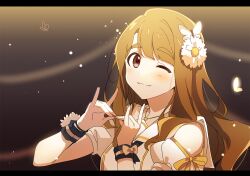 Rule 34 | 1girl, ap bar, blurry, blurry background, bow, brown hair, bug, butterfly, butterfly hair ornament, clothing cutout, double fox shadow puppet, flower, fox shadow puppet, hair flower, hair ornament, idol, idolmaster, idolmaster million live!, insect, jewelry, letterboxed, light particles, long hair, looking at viewer, miyao miya, necklace, one eye closed, red eyes, shoulder cutout, solo, thick eyebrows, wavy hair