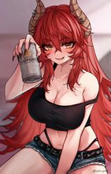 1girl blush breasts dragon_girl dragon_horns glowing_nails highres horns large_breasts long_hair looking_at_viewer multiple_horns open_mouth red_hair smile solo virtual_youtuber vshojo yellow_eyes yeuyes zentreya zentreya_(dragon)