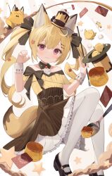 1girl animal_ears bare_shoulders black_shoes blonde_hair dress food goma_(u_p) hair_ornament hat highres holding long_hair looking_at_viewer mini_hat original pantyhose poker shoes smile solo tail top_hat twintails white_pantyhose wrist_cuffs