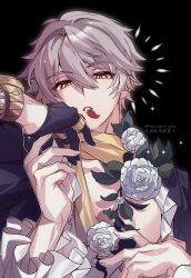 Rule 34 | 2boys, alternate costume, artist name, aventurine (honkai: star rail), black background, black gloves, black jacket, bracelet, caelus (honkai: star rail), collarbone, collared shirt, fingernails, flower, frills, gloves, gold bracelet, gold ring, grey hair, hair between eyes, highres, holding, holding flower, holding hands, honkai: star rail, honkai (series), jacket, jewelry, lapels, leaf, long sleeves, looking at viewer, male focus, multiple boys, multiple rings, necktie, open clothes, open jacket, open shirt, petals, red pupils, ring, rongyuan gulu, rose, shirt, short hair, simple background, solo focus, sparkle, suit jacket, teeth, trailblazer (honkai: star rail), upper body, watch, white flower, white rose, white shirt, wristwatch, yaoi, yellow eyes, yellow necktie