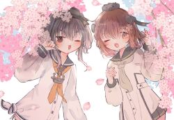 2girls anchor_symbol black_hair blue_sailor_collar blush brown_eyes brown_hair cherry_blossoms commentary_request dress flower gradient_hair grey_hair grey_neckerchief hair_between_eyes hair_flower hair_ornament headgear kantai_collection long_sleeves multicolored_hair multiple_girls nazu_(nazuunne) neckerchief one_eye_closed open_mouth petals pink_flower sailor_collar sailor_dress short_dress short_hair_with_long_locks tokitsukaze_(kancolle) white_dress yellow_neckerchief yukikaze_(kancolle) yukikaze_kai_ni_(kancolle)