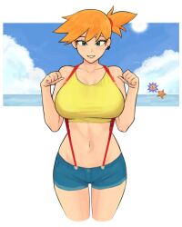 1girl bare_shoulders blue_eyes blue_shorts blush breasts chafa cloud creatures_(company) crop_top denim denim_shorts ear_piercing earrings female_focus game_freak gen_1_pokemon green_eyes gym_leader jewelry large_breasts looking_at_viewer midriff misty_(pokemon) navel nintendo ocean orange_hair outdoors parted_lips piercing pokemon pokemon_(anime) pokemon_(classic_anime) pokemon_rgby ponytail shirt short_hair short_shorts shorts side_ponytail sky smile solo standing starmie staryu sun suspender_shorts suspenders tank_top thighs yellow_shirt yellow_tank_top