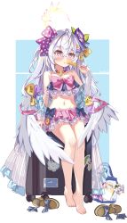 1girl absurdres angel_wings azusa_(blue_archive) azusa_(swimsuit)_(blue_archive) barefoot bead_necklace beads bikini blue_archive blush bow_on_wing crescent_halo feathered_wings flower food food-themed_hair_ornament food_print frilled_bikini frills fruit_print hair_between_eyes hair_flower hair_ornament halo highres jewelry long_hair looking_at_viewer navel necklace official_alternate_costume orange_hair_ornament orange_print popsicle purple_eyes purple_flower ribbon-trimmed_bikini ribbon-trimmed_swimsuit ribbon_trim sitting solo strapless strapless_bikini swimsuit watermelon_hair_ornament white_hair white_wings whitecatcat winged_halo wings yellow_halo