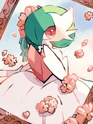 animal_focus artist_name blue_sky cloud colored_skin commentary_request flower gardevoir gardevoir_day gen_3_pokemon green_hair green_ribbon hair_flower hair_ornament hanabusaoekaki highres looking_at_viewer mega_gardevoir mega_pokemon nintendo no_humans petals picture_frame pokemon pokemon_(creature) red_eyes ribbon sky solo white_skin