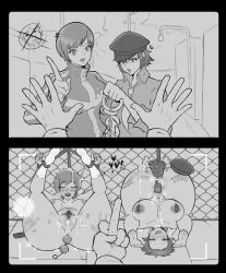 absurdres ahegao anal anal_beads atlus bdsm body_writing bondage bound breasts camera_view completely_nude cuffs cum cum_in_pussy cumdrip defeat dildo fucked_silly greyscale handcuffs heart highres instant_loss kubo_mitsuo megami_tensei middle_finger mind_break monochrome multiple_girls nayaase_beleguii nude object_insertion persona persona_4 post_sex pussy_juice recording satonaka_chie sex_toy shirogane_naoto vaginal vaginal_object_insertion vibrator