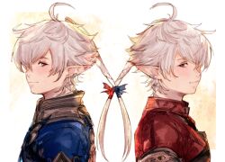alisaie_leveilleur alphinaud_leveilleur back-to-back blue_eyes blue_jacket elezen elf final_fantasy final_fantasy_xiv hair_over_one_eye hair_ribbon hutaba_0718 jacket light_smile long_hair looking_at_viewer messy_hair pointy_ears ponytail red_jacket ribbon siblings twins white_hair