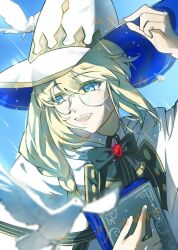 1girl aesc_(fate) aesc_(rain_witch)_(fate) alizi795 bird blonde_hair blue_eyes book fate/grand_order fate_(series) glasses hair_between_eyes hat long_hair open_mouth smile solo witch_hat