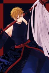 Rule 34 | 1boy, alternate costume, bad link, black gloves, blonde hair, blue eyes, gloves, hair ornament, highres, holding, holding weapon, japanese clothes, male focus, muscular, muscular male, sendagaya tetsu, servamp, short hair, syu 7, weapon
