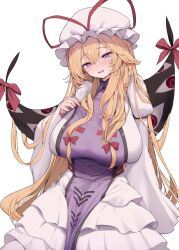 1girl blonde_hair blush breasts dress gap_(touhou) hair_between_eyes hair_ribbon hat highres large_breasts long_hair long_sleeves mikan_(manmarumikan) mob_cap open_mouth puffy_sleeves pulling_own_clothes purple_eyes purple_tabard ribbon smile solo tabard touhou very_long_hair white_background white_dress yakumo_yukari