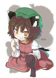 Rule 34 | 1girl, animal ears, bad id, bad pixiv id, black legwear, brown hair, cat ears, cat tail, chen, female focus, grin, hat, inunoko., multiple tails, orange eyes, parody, smile, solo, style parody, tail, teeth, touhou, zun hat