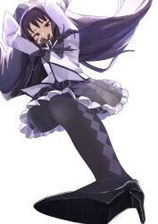1girl akemi_homura akemi_homura_(magical_girl) argyle arms_up black_hair floating_hair foreshortening frilled_skirt frills from_below high_heels highres landing long_hair magical_girl mahou_shoujo_madoka_magica omochimochii_(nagata) pantyhose pleated_skirt purple_eyes ribbon simple_background skirt solo white_background