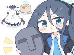 2girls aris_(blue_archive) black_footwear black_halo blue_archive blue_eyes blue_halo blue_necktie box cardboard_box chibi collared_shirt commentary hair_between_eyes halo hina_(blue_archive) holding holding_mask jacket long_hair looking_at_viewer low_wings mask multiple_girls necktie no_nose open_clothes open_jacket parted_lips shirt snake_box_sneak umihio upper_body v-shaped_eyebrows very_long_hair white_hair white_shirt wings