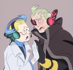 2boys ahoge black-framed_eyewear black_gloves black_jacket blonde_hair blue_hair buttons coat colress_(pokemon) commentary eye_contact ghetsis_(pokemon) glasses gloves green_hair grey_background headphones highres jacket looking_at_another lynn_(daisiloou) male_focus multicolored_hair multiple_boys nintendo open_mouth pokemon pokemon_bw2 raised_eyebrows red_eyes tongue two-tone_hair upper_body white_coat white_gloves