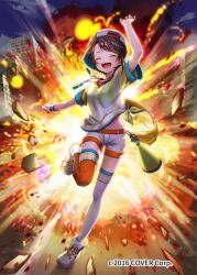 1girl ^_^ arm_up asymmetrical_legwear backwards_hat baseball_cap brown_hair closed_eyes commentary_request copyright_notice explosion facing_viewer fujisawa_one hat hololive loose_clothes loose_shirt megaphone mismatched_legwear official_art oozora_subaru oozora_subaru_(1st_costume) open_mouth outstretched_arms oversized_clothes oversized_shirt red_hat red_thighhighs shirt shoes short_hair short_sleeves shorts smile sneakers solo stopwatch striped_clothes striped_shirt subaru_duck sweatband swept_bangs t-shirt teeth thighhighs tied_shirt two-tone_headwear two-tone_shirt upper_teeth_only vertical-striped_clothes vertical-striped_shirt virtual_youtuber watch whistle white_hat white_shirt white_shoes white_shorts white_thighhighs yellow_shirt