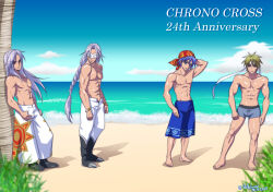 4boys anniversary arm_behind_head barefoot beach black_boots blonde_hair blue_eyes blue_hair blue_male_swimwear blurry blurry_foreground boots braid chrono_cross domino_mask facial_scar glenn_(chrono_cross) grey_hair grey_male_underwear guile_(chrono_cross) hair_between_eyes headband highres karsh_(chrono_cross) male_focus male_swimwear male_underwear mask multiple_boys muscular muscular_male ocean pants parted_bangs red_background red_eyes sand scar scar_on_cheek scar_on_face serge_(chrono_cross) shikiwo single_braid spiked_hair standing steel-toe_boots topless_male tree under_tree underwear white_headband white_mask white_pants
