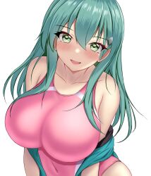 1girl aqua_eyes aqua_hair blush breasts covered_navel cowboy_shot frilled_one-piece_swimsuit frills hair_between_eyes hair_ornament hairclip highres kantai_collection large_breasts long_hair looking_at_viewer montemasa one-piece_swimsuit open_mouth pink_one-piece_swimsuit smile solo suzuya_(kancolle) swimsuit twitter_username upper_body white_background