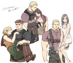 Rule 34 | 1boy, 3girls, ashley graham, bara, barefoot, beret, black gloves, blonde hair, boots, brown hair, carrying, dress, fingerless gloves, gloves, green skirt, hat, helena harper, jack krauser, large pectorals, looking at another, looking at viewer, manuela hidalgo, medium hair, miniskirt, multiple girls, muscular, muscular male, open clothes, open vest, pants, pectorals, princess carry, resident evil, resident evil: the darkside chronicles, resident evil 4, resident evil 6, shirt, short hair, skirt, tatsumi (psmhbpiuczn), thigh boots, thighhighs, torn clothes, torn dress, translation request, vest, white background, white dress
