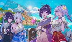 4girls :o ahoge alternate_costume alternate_hairstyle bird blue_sky bracelet bronya_zaychik bronya_zaychik_(herrscher_of_truth) closed_mouth colored_inner_hair commentary earrings english_commentary flower gradient_hair grey_eyes halo happy high_ponytail highres holding holding_flower holding_umbrella homu_(honkai_impact) honkai_(series) honkai_impact_3rd jewelry kaya_(ayase_kaya) kiana_kaslana kiana_kaslana_(herrscher_of_finality) looking_at_another looking_at_viewer multicolored_hair multiple_girls ocean open_mouth outdoors pha_nung ponytail purple_eyes raiden_mei raiden_mei_(herrscher_of_origin) sabai seele_vollerei seele_vollerei_(herrscher_of_rebirth) side_ponytail sky smile streaked_hair thai_clothes umbrella upper_body white_flower white_hair