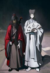 Rule 34 | 2boys, absurdres, bamboo slips, bandaged arm, bandages, black eyes, black hair, black hanfu, black hat, black nails, black shoes, chinese clothes, coat, coin, coin mask, coin sword, covered mouth, dao gui yi xian, folding fan, full body, hair bun, hair ribbon, hand fan, hand fan writing, hanfu, hat, hat ribbon, height difference, highres, holding, holding fan, holding scroll, holed coin, jin (headwear), kuyou580, li huowang, long hair, long sleeves, looking at viewer, male focus, mask, meme, mouth veil, multiple boys, nail polish, outdoors, paper fan, photo-referenced, red coat, red eyes, red ribbon, ribbon, robe, scroll, shaded face, shadow, sheath, shoes, side-by-side, sidelighting, single hair bun, smile, standing, sword, sword on back, twitter username, veil, weapon, weapon on back, white coat, white hanfu, white shoes, why dis ninja look so mad (meme), wide sleeves, zhouzi jin (headwear), zhuge yuan