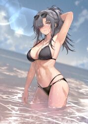 1girl alternate_costume angelia_(girls&#039;_frontline) arm_behind_head art_undertaker bikini black_bikini black_hair blue_sky blush breasts cleavage closed_mouth cloud commentary_request detached_sleeves dog_tags eyewear_on_head girls&#039;_frontline grey_eyes highres korean_commentary light_smile looking_at_viewer navel ocean partially_submerged scar scar_on_face scar_on_leg scar_on_stomach skindentation sky solo stomach sun_glare sunglasses swimsuit wet