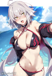 1girl ahoge ai-generated bare_shoulders bikini black_bikini black_jacket blush breasts choker cleavage collarbone cropped_jacket fate/grand_order fate_(series) grey_hair hair_between_eyes jacket jeanne_d&#039;arc_alter_(fate) jeanne_d&#039;arc_alter_(swimsuit_berserker)_(fate) large_breasts long_hair lowball01 medium_breasts navel o-ring o-ring_bikini o-ring_bottom o-ring_top open_mouth shrug_(clothing) solo sweat sweatdrop swimsuit thighs very_long_hair wet white_hair yellow_eyes