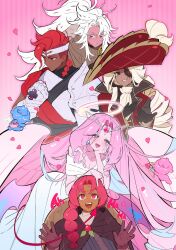 Rule 34 | 1boy, 1other, 3girls, :d, angel wings, armor, ascot, bare shoulders, basket, black eyes, black gloves, blue hair, bow (weapon), braid, breasts, bright pupils, brown capelet, capelet, cleavage, clenched hand, clenched teeth, collarbone, colored eyelashes, colored inner hair, colored skin, commentary request, cookie run, cookie run: kingdom, cowboy shot, cupid, curtained hair, dark-skinned female, dark-skinned male, dark skin, demon tail, dress, drill hair, drill ponytail, eternal sugar cookie, eyepatch, eyes visible through hair, facing viewer, falling petals, feathered wings, food-themed hair, gauntlets, gloves, grin, halo, hand on own cheek, hand on own chest, hand on own face, hat, heart, heart-shaped pupils, high ponytail, highres, holding, holding basket, holding bow (weapon), holding picnic basket, holding weapon, hollyberry cookie, humanization, jacket, korean commentary, laughing, long dress, long hair, looking at another, looking at viewer, looking up, low ponytail, low wings, medium hair, multicolored hair, multiple girls, multiple wings, off-shoulder dress, off shoulder, official alternate costume, ohta guk hip, one eye covered, open mouth, oversized wings, petals, picnic basket, pink background, pink eyes, pink hair, pink petals, pink skin, pink tail, pink wings, pitaya dragon cookie, pitaya dragon cookie (disguise), ponytail, red eyes, red gloves, red hair, red hat, red jacket, scar, scar on face, shield, shield on back, short sleeves, shoulder armor, simple background, single braid, smile, streaked hair, striped background, sweat, sweatdrop, symbol-shaped pupils, tail, tarte tatin cookie, teeth, two-tone hair, upper body, upper teeth only, very dark skin, very long hair, weapon, white ascot, white dress, white eyelashes, white eyeshadow, white hair, white pupils, white undershirt, wildberry cookie, wings, yellow halo