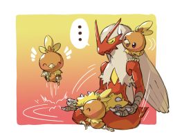 ... ^_^ bird blaziken bouncing chick closed_eyes closed_mouth commentary_request creatures_(company) crossed_legs furry game_freak gen_3_pokemon highres nintendo on_shoulder pokemon pokemon_(creature) pokemon_on_shoulder running spoken_ellipsis sweatdrop taisa_(lovemokunae) torchic