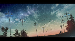 1girl absurdres amatsuki_rei animal artist_name bird cloud dog dress female_focus flock gradient_sky highres lamppost letterboxed long_hair original outdoors scenery signature silhouette sky solo standing star_(sky) starry_sky tree twilight wind wind_lift