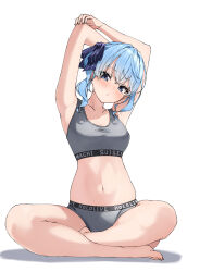 Rule 34 | 1girl, alternate breast size, arm behind head, armpits, barefoot, blue eyes, blue hair, blue ribbon, blush, bra, breasts, clothes writing, commentary, double-parted bangs, eru (l illust45), full body, grey bra, grey panties, hair between eyes, hair ribbon, highres, hololive, hoshimachi suisei, indian style, looking at viewer, medium breasts, medium hair, navel, panties, ribbon, side ponytail, sidelocks, simple background, sitting, solo, star (symbol), star in eye, stomach, stretching, symbol in eye, underwear, virtual youtuber, white background