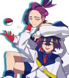 +++ 2boys :d black_hair blue_shirt blue_socks closed_mouth collared_shirt commentary_request gloves happy highres jacket kieran_(pokemon) long_sleeves looking_down male_focus mocacoffee_1001 mole mole_on_neck multicolored_hair multiple_boys necktie nintendo open_mouth partially_fingerless_gloves poke_ball poke_ball_(basic) pokemon pokemon_sv puff_of_air purple_hair red_gloves red_necktie shirt shoes shorts signature single_glove smile socks strap teeth two-tone_hair upper_teeth_only white_jacket white_shoes yellow_eyes