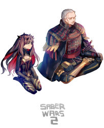 1boy 1girl armor black_eyes black_hair cape closed_eyes dou facial_hair fate/grand_order fate_(series) goatee grey_hair ishtar_(fate) japanese_armor katana long_legs lotus_position mebaru multicolored_hair red_hair samurai seiza sitting space_ishtar_(fate) space_ishtar_(first_ascension)_(fate) sword two-tone_hair weapon white_background yagyuu_munenori_(fate)