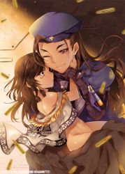 2girls :o age_difference aged_down alternate_costume ana_(overwatch) armor bare_shoulders beret black_gloves blue_hat blue_jacket bodysuit braid brown_eyes brown_hair bullet captain_amari cartridge coat dark-skinned_female dark_skin dress eye_of_horus eyelashes eyeliner facebook_username facial_mark facial_tattoo fingerless_gloves fingernails from_side glint gloves groin hair_tubes half-closed_eyes hand_on_another&#039;s_cheek hand_on_another&#039;s_face hand_up hands_on_another&#039;s_face hat highres jacket loli long_hair long_sleeves makeup military military_uniform mother_and_daughter multiple_girls navel no_panties off_shoulder official_alternate_costume one_eye_closed onee-loli open_clothes open_coat open_mouth overwatch overwatch_1 pharah_(overwatch) shell_casing short_hair side_braids smile stomach tattoo teeth upper_body usagihime watermark web_address yuri