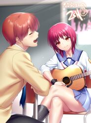 1boy 1girl absurdres angel_beats! blazer brown_hair chair guitar head_tilt highres instrument iwasawa_masami jacket music open_mouth otonashi_yuzuru playing_guitar playing_instrument red_eyes red_hair school_uniform serafuku shinda_sekai_sensen_uniform short_hair singing skirt sleeves_rolled_up smile zen_(kamuro)