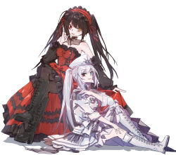 2girls absurdres bare_shoulders black_footwear black_hair black_pantyhose blue_eyes boots chinese_commentary clock_eyes commentary_request crossed_legs date_a_live date_a_live:_date_a_bullet dress epaulettes hairband hand_up hat heterochromia highres index_finger_raised knee_boots lace-up_boots lolita_hairband long_hair looking_at_viewer multiple_girls open_mouth pantyhose parted_lips peaked_cap red_dress red_eyes red_hairband sao7 sidelocks simple_background sitting smile symbol-shaped_pupils tokisaki_kurumi twintails white_background white_dress white_footwear white_hair white_hat white_queen_(date_a_live) yellow_eyes