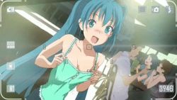 00s 1girl animated animated_gif blue_hair blush breasts cleavage downblouse extended_downblouse flashing hatsune_miku large_breasts looking_at_viewer lowres nipples no_bra recording shiika_sadamasa solo_focus twintails vocaloid