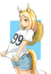 1girl animal_ears blonde_hair blue_background breasts casual hat horse_ears horse_girl horse_tail medium_hair narita_top_road_(umamusume) shirt short_sleeves shorts shu_shu_(pixiv_55956299) small_breasts smile solo sun_hat tail two-tone_background umamusume white_background white_shirt yellow_eyes