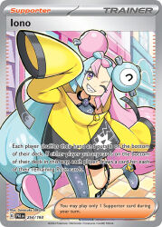 1girl artist_name asymmetrical_legwear blue_hair card_(medium) character_name coat company_name copyright_name copyright_notice english_text eyelashes gen_1_pokemon grey_shoes iono_(pokemon) long_hair long_sleeves magnemite multicolored_eyes multicolored_hair nintendo official_art one_eye_closed pink_hair pokemon pokemon_card pokemon_tcg sakuma_sanosuke sharp_teeth shoes sleeves_past_fingers sleeves_past_wrists smile solo standing standing_on_one_leg teeth third-party_source trading_card twintails two-tone_hair very_long_hair yellow_coat