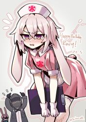 1boy 1girl 1other amiya_(arknights) animal_ears ansel_(arknights) arknights artist_name blush crossdressing crossed_bangs doctor_(arknights) dress fishnet_thighhighs fishnets gift_art gloves grey_background hat highres leaning_forward male_focus nose_blush nurse nurse_cap open_mouth pink_dress pink_hair puffy_short_sleeves puffy_sleeves purple_eyes rabbit_boy rabbit_ears rabbit_tail short_hair short_sleeves signature simple_background sleepyowl_(jobkung15) tail thighhighs trap white_gloves white_thighhighs