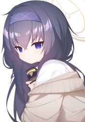 1girl absurdres black_hair blue_archive book brown_cardigan brown_halo cardigan commentary_request crossed_bangs from_side hair_between_eyes hair_intakes hair_ribbon hairband halo highres holding holding_book long_hair looking_at_viewer messy_hair neckerchief no_pupils off_shoulder purple_eyes purple_hairband purple_neckerchief purple_ribbon ribbon sankakkee shirt sidelocks simple_background solo turning_head turtleneck ui_(blue_archive) upper_body white_background white_shirt