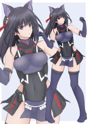 Rule 34 | 1girl, absurdres, agatsuma kaede, alice gear aegis, animal ears, armor, armored leotard, bare shoulders, black gloves, black hair, black leotard, border, breasts, cat ears, covered navel, elbow gloves, full body, gloves, highres, leotard, long hair, looking at viewer, medium breasts, multiple views, purple gloves, standing, thighhighs, tubamesaapoo, white border