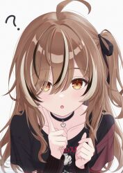 1girl :o ? ahoge artexyan black_choker black_ribbon black_shirt brown_eyes brown_hair choker emo_fashion finger_to_cheek hair_over_one_eye hair_ribbon heart heart_choker hololive hololive_english lace-trimmed_choker lace_trim looking_at_viewer multicolored_hair nanashi_mumei nanashi_mumei_(emo) nightmare_(nanashi_mumei) one_side_up open_mouth portrait ribbon shirt streaked_hair t-shirt virtual_youtuber