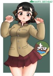 1girl :o absurdres amanone_yun birthday black_eyes black_hair bow breasts brown_bow brown_jacket chi-hatan_(emblem) chi-hatan_school_uniform cowboy_shot emblem english_text girls_und_panzer green_background hair_bow happy_birthday hasegawa_tatsu high_collar highres jacket long_sleeves looking_at_viewer miniskirt open_mouth pleated_skirt red_skirt school_uniform short_hair skirt solo standing w_arms