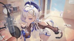 Rule 34 | 1girl, absurdres, ahoge, bare shoulders, blue eyes, blue hat, blue nails, blue ribbon, blue streaks, braid, clothing cutout, dress, drum, drum set, finger to mouth, foot up, forced perspective, foreshortening, glint, hair behind ear, hat, headphones, headset, hebi (vtuber), hedgehog, highres, holding, holding headphones, indie virtual youtuber, indoors, instrument, jewelry, long hair, microphone, multicolored hair, neck ribbon, open door, parted bangs, pinky to mouth, pop filter, ribbon, see-through clothes, see-through sleeves, shorts, shoulder cutout, side braid, solo, standing, streaked hair, studio microphone, toroe02, very long hair, white dress, white hair, white ribbon, white shorts