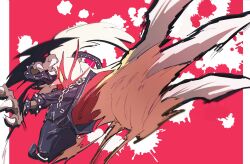 1other bird black_jacket black_pants blaziken blaziken_(punk) blonde_hair blue_eyes bracelet chain chicken clothed_pokemon colored_sclera creatures_(company) fewer_digits flying_kick game_freak gen_3_pokemon highres jacket jewelry kicking korosliszt midair motion_lines nintendo pants pokemon pokemon_(creature) pokemon_unite red_background simple_background smear_frame solo speed_lines spiked_bracelet spiked_jacket spikes tongue tongue_out yellow_sclera