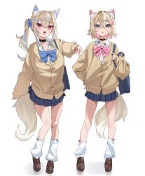 Rule 34 | 2girls, :d, absurdres, alternate costume, alternate hairstyle, animal ears, bag, black choker, blonde hair, blue bow, blue bowtie, blue eyes, blue hair, blue skirt, bow, bowtie, brown cardigan, brown shoes, button gap, cardigan, choker, collared shirt, commentary, crossed bangs, dog ears, dog girl, dog tail, double-parted bangs, extra ears, fang, full body, fuwawa abyssgard, gyaru v, hair between eyes, hair intakes, hair ornament, hairclip, hand on own hip, highres, hololive, hololive english, inurock, loafers, long hair, looking at viewer, loose bowtie, loose socks, miniskirt, mococo abyssgard, multicolored hair, multiple girls, open mouth, outstretched arm, parallel hairclips, pink bow, pink bowtie, pink eyes, pink hair, pleated skirt, school bag, school uniform, shirt, shoes, short hair, shoulder bag, siblings, side ponytail, simple background, sisters, skin fang, skirt, sleeves past wrists, smile, socks, streaked hair, tail, triangle mouth, twins, v, virtual youtuber, white background, white shirt, white socks, x hair ornament
