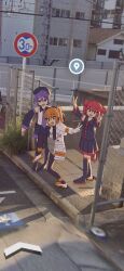 3girls absurdres adachi_rei ahoge beret black_hat black_shirt black_shoes black_skirt black_sleeves chain-link_fence collared_shirt detached_sleeves double_v drill_hair fence gloves hair_between_eyes hair_ribbon hat headlamp headphones high_school_girls_posing_for_google_street_view_(meme) highres jacket kasane_teto kasane_teto_(utau) long_sleeves looking_at_viewer medium_hair meme multiple_girls natunashi necktie one_side_up open_clothes open_jacket open_mouth orange_eyes orange_hair outdoors photo_background pleated_skirt purple_eyes purple_hair purple_necktie radio_antenna red_eyes red_hair ribbon shirt shoes short_hair skirt sleeveless sleeveless_shirt smile standing standing_on_one_leg twin_drills twitter_username utane_uta utau v white_gloves white_jacket white_ribbon