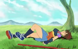 Rule 34 | 1girl, absurdres, armor, breastplate, brown hair, fingerless gloves, gauntlet, gloves, hair ornament, highres, japanese clothes, legs, nanase (arika), pole, ponytail, shoes, skirt, sneakers, socks, street fighter, street fighter ex (series), tennis shoes, unconscious