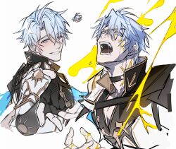 absurdres animal_ears arm_up armor belt_collar black_collar black_shirt blue_eyes blush collar cropped_torso curtained_hair dog_ears gyulseu hair_between_eyes high_collar highres honkai:_star_rail honkai_(series) looking_back male_focus multiple_views neck_tattoo open_mouth outstretched_arm outstretched_hand parted_hair pauldrons phainon_(honkai:_star_rail) popped_collar reaching reaching_towards_viewer saliva shirt shoulder_armor smile tattoo teeth tongue white_background white_hair wide-eyed