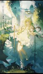 1girl absurdres animal_ear_fluff animal_ears bare_shoulders bird blue_eyes blunt_bangs blurry blurry_foreground braid breasts cleavage closed_mouth commentary_request curly_hair depth_of_field dove dress expressionless fence frilled_anklet frills green_hair halo happy_birthday highres long_hair miracle_7y original scenery sky solo tree veil very_long_hair white_dress